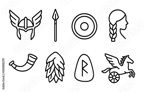 Valkyrie Icon Set. Outline icon set of valkyrie mythology: winged helmet, spear, shield, braided hair, battle
