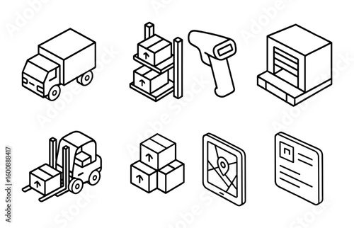 Isometric Logistics Icons. Outline icon set of isometric logistics: delivery truck, warehouse shelf, barcode
