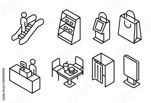 Isometric Shopping Icons. Outline icon set of isometric shopping malls: escalator, display rack, shopping bag,