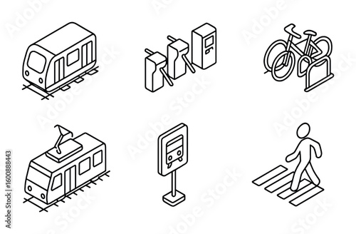 Urban Transport Icons. Outline icon set of isometric urban transport: subway train, station gate, ticket