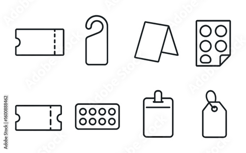 Promotional Printables Icons. Outline icon set of promotional printables: coupon, door hanger, tent card,