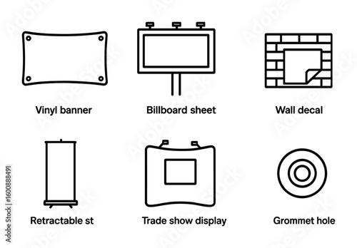 Modern Print Icons. Outline icon set of large format prints: vinyl banner, billboard sheet, wall decal, floor