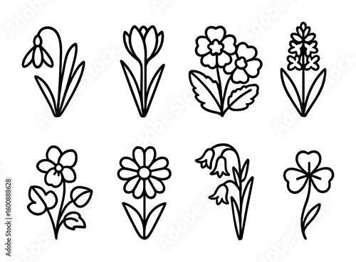 Spring Floral Icon Set. Outline icon set of spring blooms: snowdrop, crocus, primrose, hyacinth, violet,