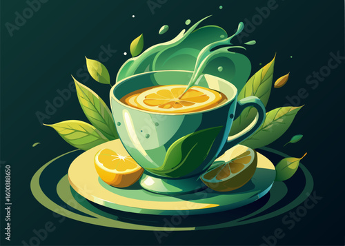 A vibrant illustration of a teal colored teacup filled with lemon tea. with a splash of liquid. surrounded by bright green leaves and a lemon slice on a saucer. against a dark backdrop.