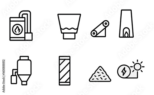 Biomass Energy Icons. Outline icon set of biomass energy systems: biomass boiler, feedstock bin, conveyor belt