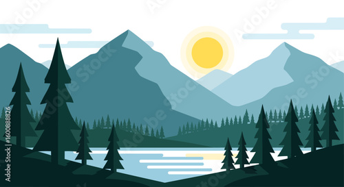 Flat Design Mountain Landscape with Evergreen Trees and Reflective Lake.