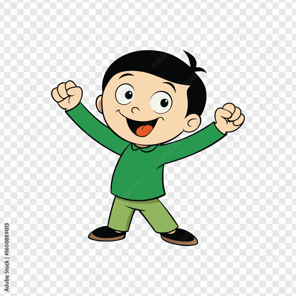 Fototapeta premium Cheerful Cartoon Boy Illustration with Raised Arms and Excited Smile in Green Shirt
