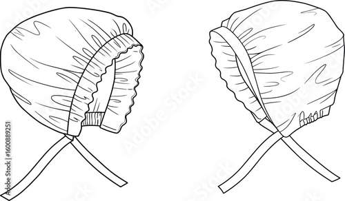 Bonnet technical drawing, gathered edge sketch, chin tie detail, historical headwear, fashion flat, sewing pattern, bonnet design, vintage bonnet, headwear template, fashion CAD, bonnet mockup, ruched