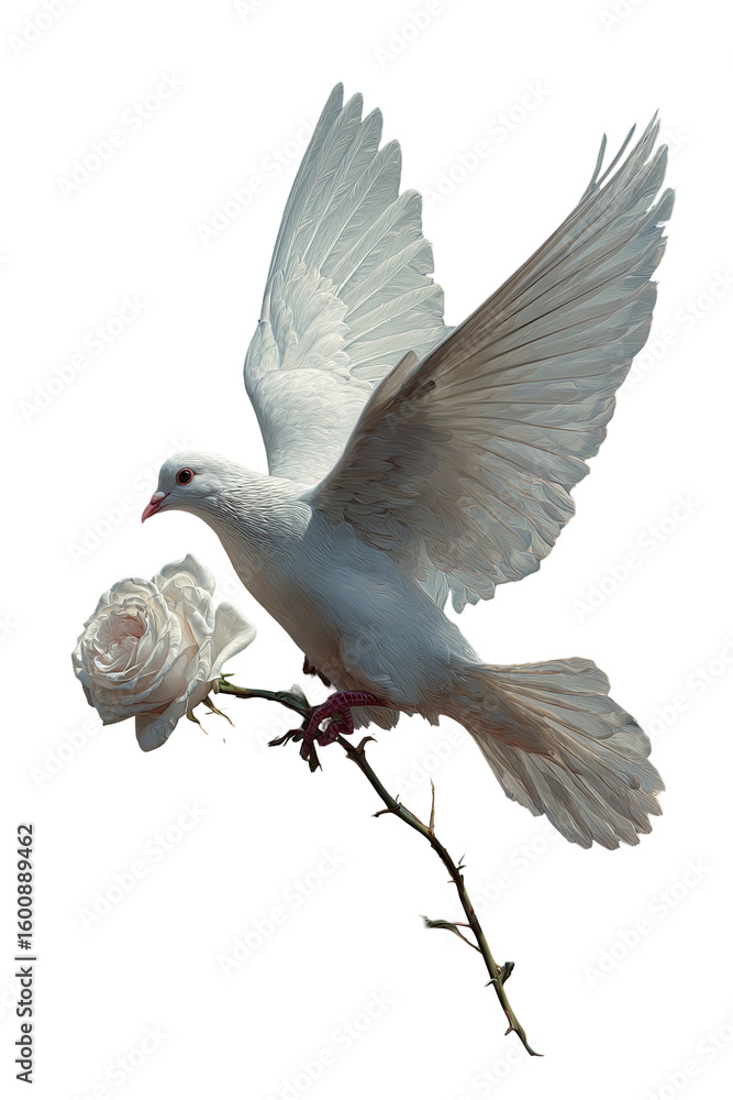 Obraz premium White dove in flight, holding a white rose