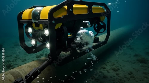 Underwater pipeline inspection using yellow remotely operated vehicle ROV with lights and camera in deep sea environment