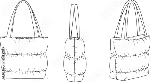 Puffy handbag sketch, quilted bag drawing, front view, side view, angled view, padded sections, fashion accessory, handbag design, technical illustration, fashion CAD, bag mockup, product blueprint, h