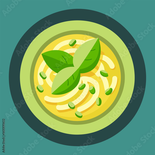 A bowl of yellow pasta dish with fresh basil leaves. A top down view of the dish. showcasing the vibrant colors and ingredients.