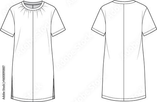 Dress technical drawing, short sleeve sketch, gathered neckline, front view, back view, relaxed fit, fashion flat, garment blueprint, clothing template, apparel design, tunic illustration, round neck,