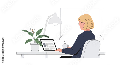 Woman with Blonde Bob Working on Laptop with Peace Lily and Desk Lamp.