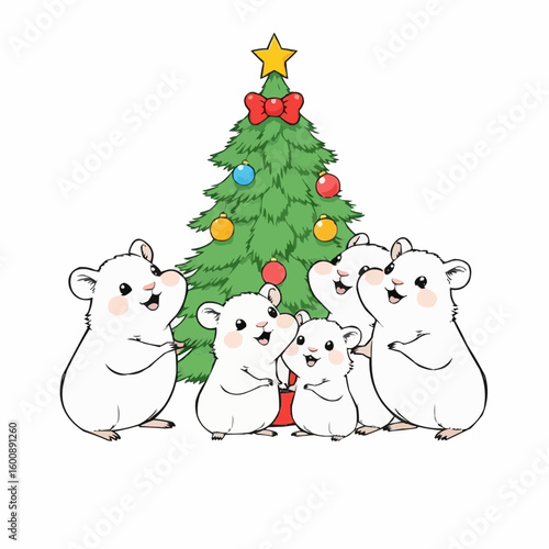 Huddled hamsters joyfully celebrate the festive season by a decorated Christmas tree with sparkling ornaments and a shining star
