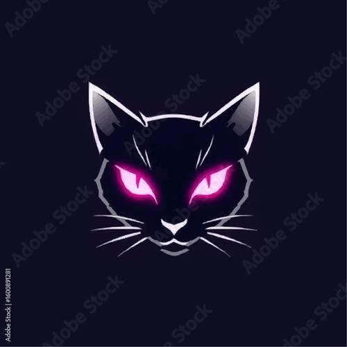 Mysterious black cat with glowing pink eyes in an artistic digital design