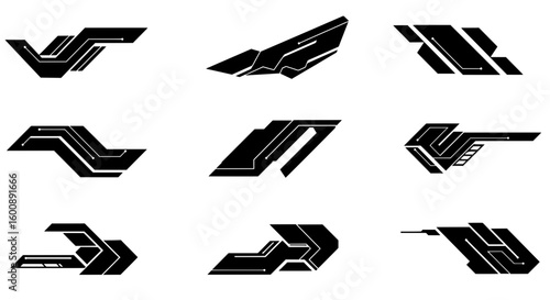 Collection of isolated futuristic tech shapes with dynamic lines and circuit details. Perfect as vector-style graphics for vehicle wraps, racing decals, cyberpunk art, or game UI elements.