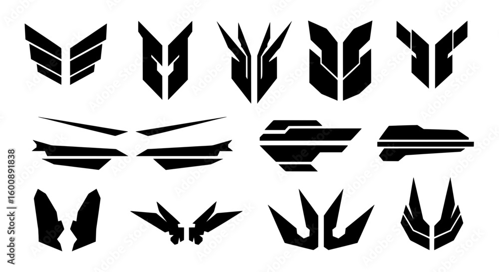 Obraz premium Set of black abstract futuristic symbols. Collection of sharp geometric emblems for sci-fi faction logos, game assets, vehicle decals, robot armor design, or modern cyberpunk graphics.