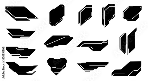 Set of isolated black abstract shapes. Collection of futuristic geometric elements for sci-fi user interface, HUD design, game assets, or modern cyberpunk technology graphics.