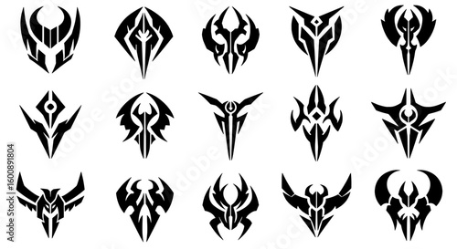 A collection of sharp, symmetrical symbols blending futuristic and tribal aesthetics. These black abstract vector shapes are perfect for creating fantasy crests, game emblems, or modern tattoos.