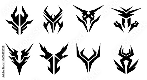 Collection of aggressive warrior mask symbols with a futuristic tribal aesthetic. These sharp abstract shapes are ideal for game faction emblems, scifi clan logos, or modern tech tattoo designs.