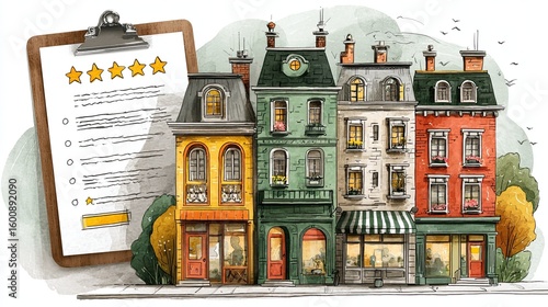 Property review and rating form with digital evaluation interface, user satisfaction input, and real estate feedback