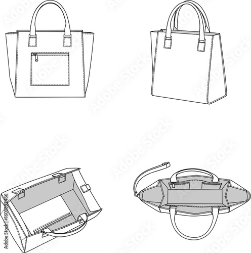 Handbag technical drawing, front view, back view, top view, interior view, fashion sketch, bag design, accessory blueprint, handbag layout, fashion CAD, handbag mockup, pocket detail, stitching illust