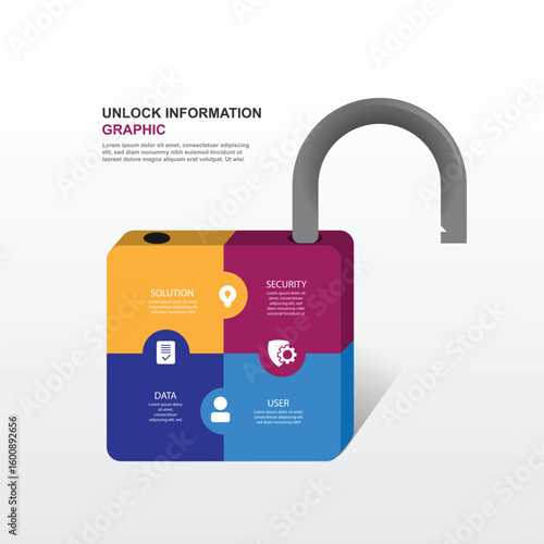 Business infographic template with 4 step or process, Vector illustration with unlock concept suitable for business information, work schedule, presentation