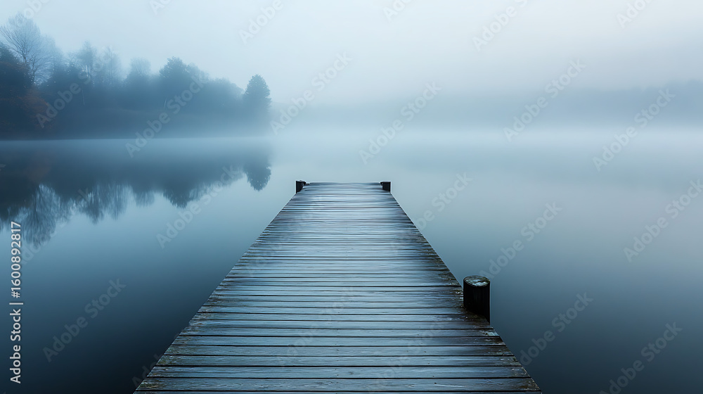 Fototapeta premium A lonely wooden dock stretching out into a misty lake at dawn 