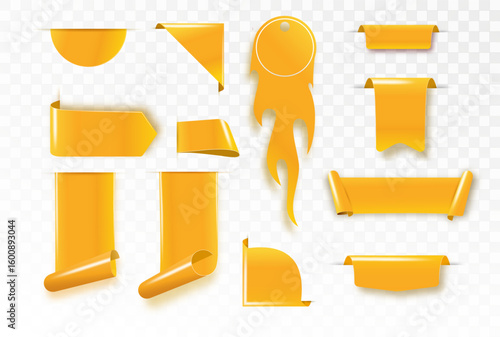 Golden satin ribbon tag. Gold textile label for sale promotion text. Discount and special offer badge. Vector