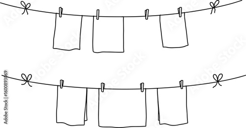 Minimalist line drawing, clothes hanging, clothesline illustration, laundry decor, black and white art, eco-friendly theme, clean clothes, home decor, drying rack, clothespins, household chores, simpl