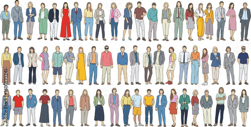 Business people, office outfit, casual wear, team group, diverse fashion style, formal clothing, men women standing, cad drawing flat vector illustration, office dress collection