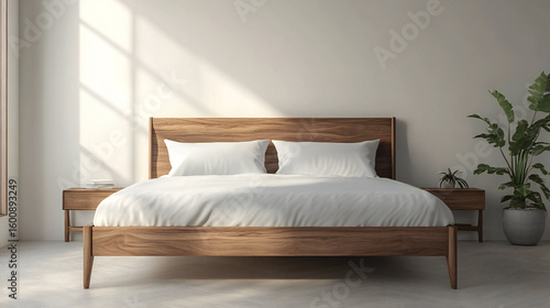 Wooden queen size double bed with white linen in morning sunlight interior. 3d render. 3d illustration. Bed for Stylish Living Spaces.