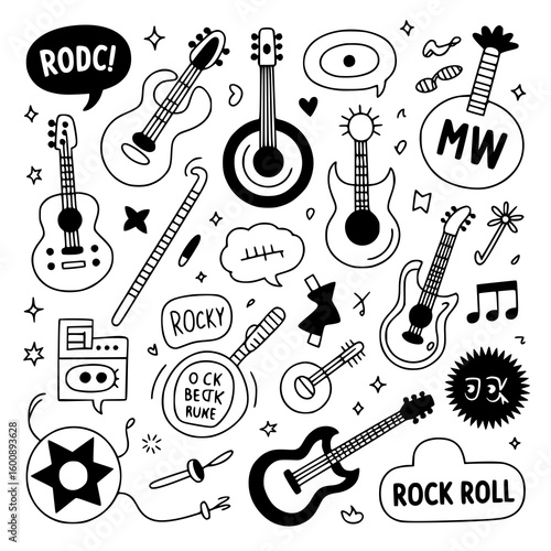 Rock 'n' Roll Doodle Collection: A playful monochrome line art illustration featuring various musical instruments, speech bubbles, and quirky design elements, perfect for music-themed projects.