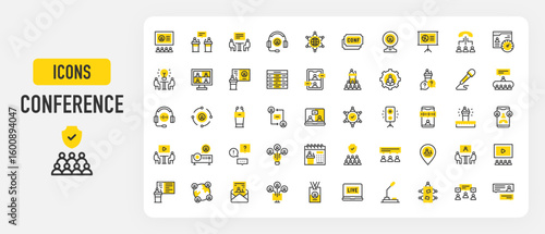 Conference icons. Stage, Presentation, Headphone, Meeting, Development, Conference, Safety, Calendar, Discussion, Live, Conference, Network, Location Pin vector stroke illustration.	

