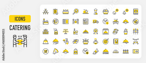 Set of Catering vector stroke icons. such as Service, Food Pickup, Catering, Snacks, Food Stamp, Shrimp, On Time, Buffet, Price, Starving, Pudding, Clipboard, Soup, Check, Cutlery, Party illustration.