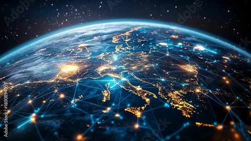 Stunning 3D visualization of Earth from space focused on Europe, showing illuminated city lights and digital connections across countries, symbolizing global data, communication, internet technology