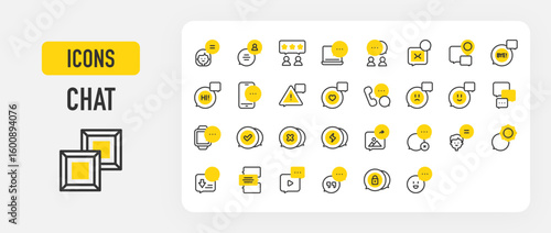 Set of Chat vector stroke icons. such as Checked, People, Phone Chat, Quote, Messenger, Happy, Alarm, User, Delete, Boy, Play, Lock, Laptop, Mail, Bye, Hi, Heart, Sad, Watch, Delete illustration.	
