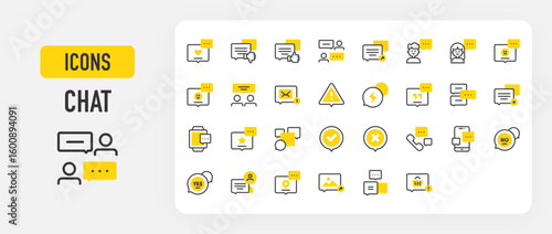 Set of Chat vector stroke icons. such as Girl, Check, Cross, Alert, Share Location, Like, Messenger, Quote, Phone Chat, Dislike, Forward, Happy, Love Message, Mail, No, People, Sad illustration.	
