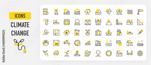 Climate change icons. Coal, High Temperature, Solar Panel, Factory, Water Pollution, Forest, Protection, Oil Spill, Earthquake, Water Tap, Greenhouse vector stroke illustration.	
