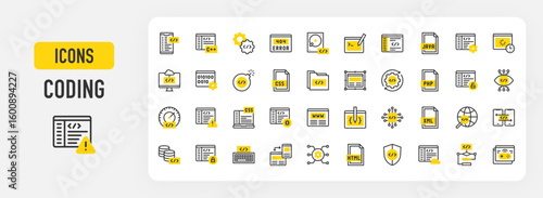 Coding icons. View, Algorithm, Development, Speedometer, C++, Web Design, Loading, Cpu, Refresh, Binary Code, Database, Folder, Unlocked, Java, Website, Xml vector stroke illustration.	