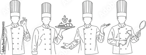 Chef line art illustrations, kitchen staff drawings, culinary professionals, cooks in uniform, restaurant chefs, chef hat, food service concept, cooking poses, hand-drawn chefs