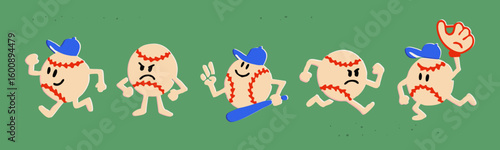 Baseball ball Mascot. Cute funny cartoon characters with bat, ball, glove, hat. Mascot in action. Vintage retro style. Hand drawn trendy Vector illustration. Isolated design elements