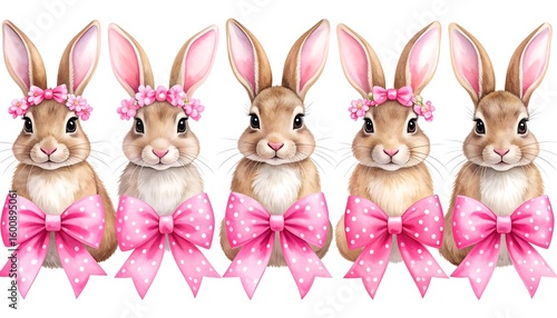 Cute pastel bunnies with pink bows and flower crowns