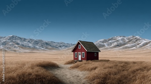 A solitary red cabin stands in a vast golden field with snow-capped mountains under a clear blue sky.