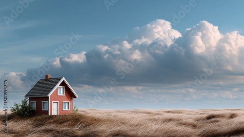 A small red house stands alone in a vast field of tall golden grass under a dramatic sky filled with large, fluffy clouds.