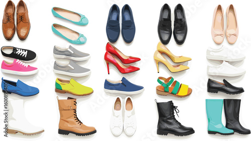 Collection of stylish shoes, colorful footwear set, fashion sneakers, boots, high heels, casual loafers, modern footwear variety, trendy shoes, flat shoes, fashion illustration