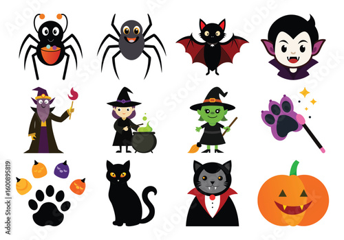 Vector art of a collection of cute and spooky cartoon characters and symbols for halloween including a spider bat vampire witch