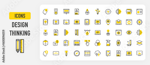 Design thinking icons. Gallery, Pen Tool, Idea, Clipboard, Rgb, Web Design, Cube, Chat, Eye, Settings, Brain, Wireframe, Pencil, Coffee Cup, Sketchbook, Idea vector stroke illustration.