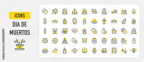 Dia de Muertos icons. Catrina, Cempasuchil, Heart, Cross, Skull, Catrina, Moon, Candle, Mariachi, Poncho, Cactus, Tequila, Mirror, Decoration, Fan vector stroke illustration.	
